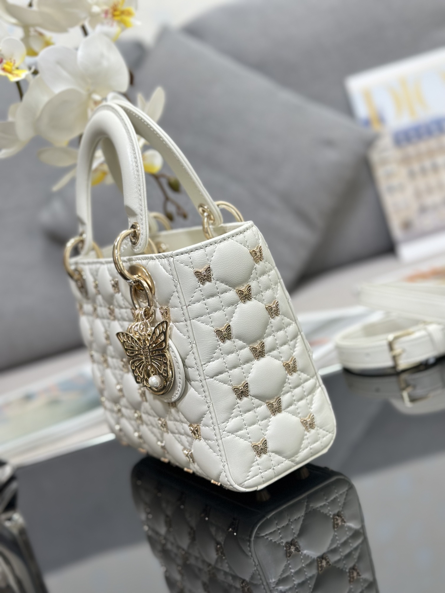 Small Lady Dior Bag White Lambskin with Butterfly Nail